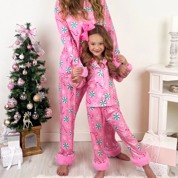 MOMMY & ME Peppermint Candy Dream Furry Pajama Set Matching Christmas PJS SMALL - Picture 2 of 10